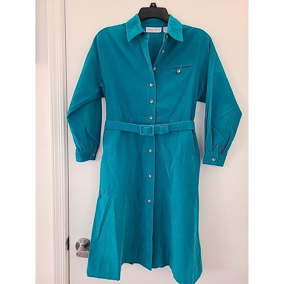Vintage Corduroy Turquoise Button Down Shirt Dress Belted Sz 6 - Picture 1 of 11